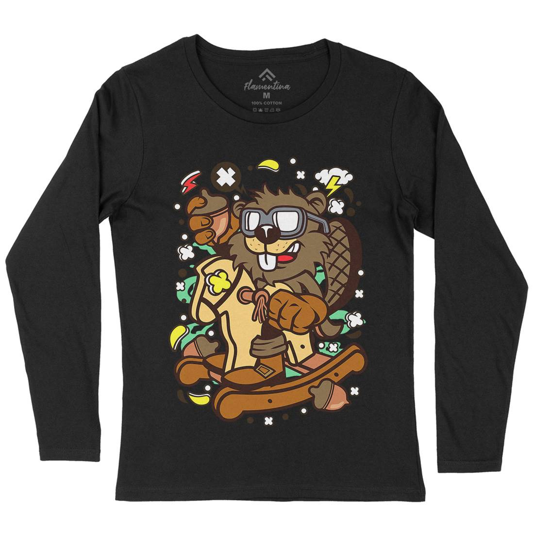Beaver Rocking Horse Womens Long Sleeve T-Shirt Retro C497