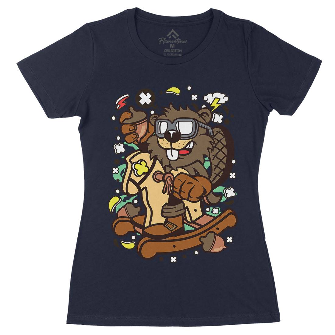 Beaver Rocking Horse Womens Organic Crew Neck T-Shirt Retro C497