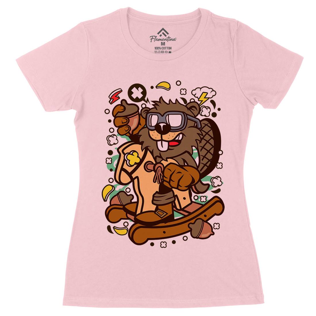 Beaver Rocking Horse Womens Organic Crew Neck T-Shirt Retro C497