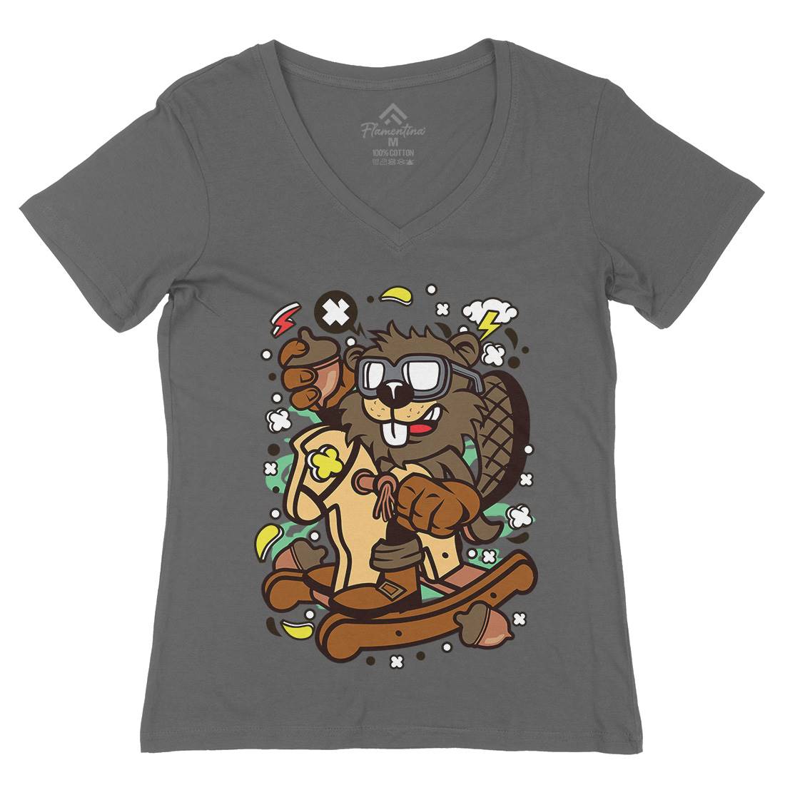 Beaver Rocking Horse Womens Organic V-Neck T-Shirt Retro C497