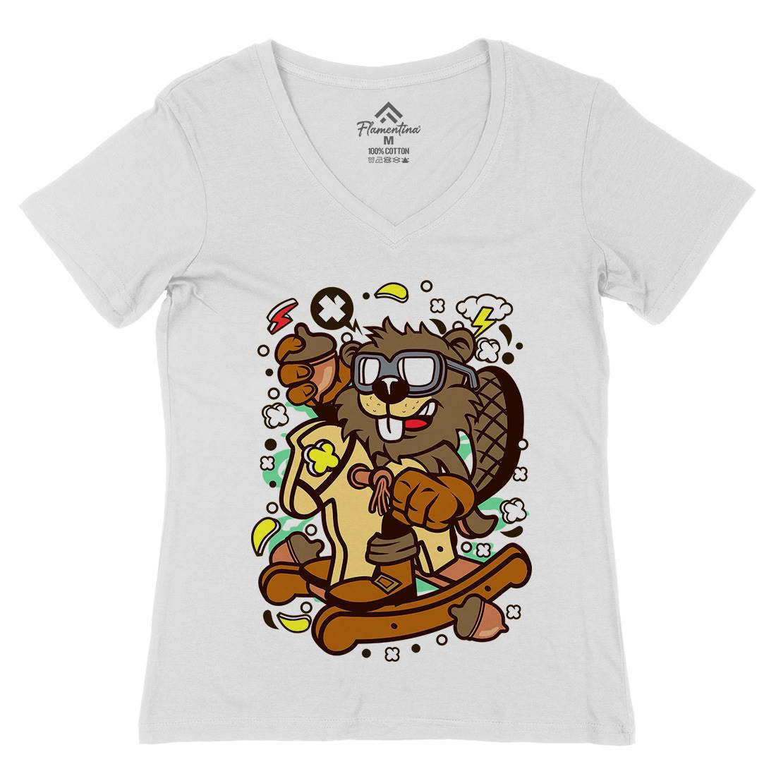 Beaver Rocking Horse Womens Organic V-Neck T-Shirt Retro C497