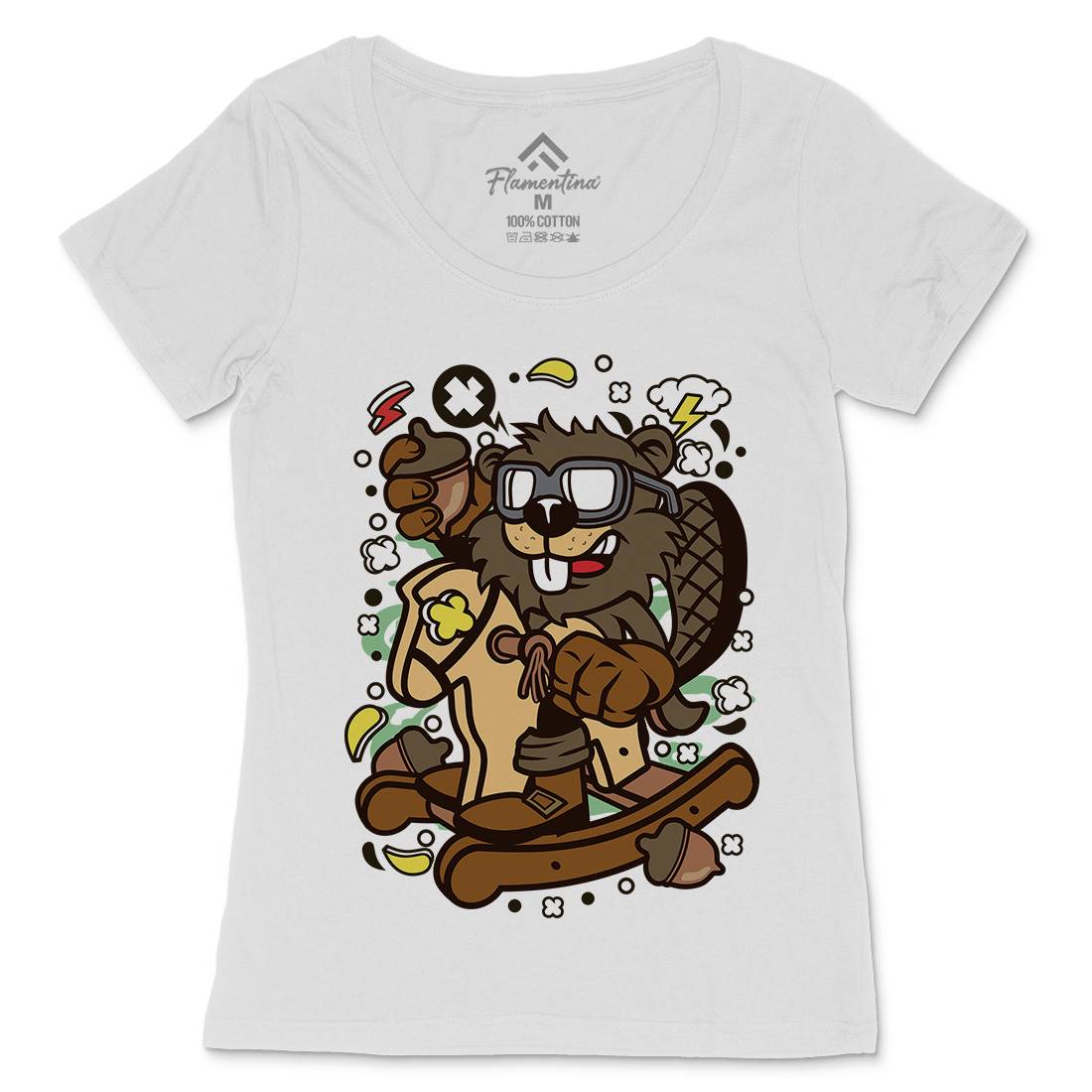 Beaver Rocking Horse Womens Scoop Neck T-Shirt Retro C497