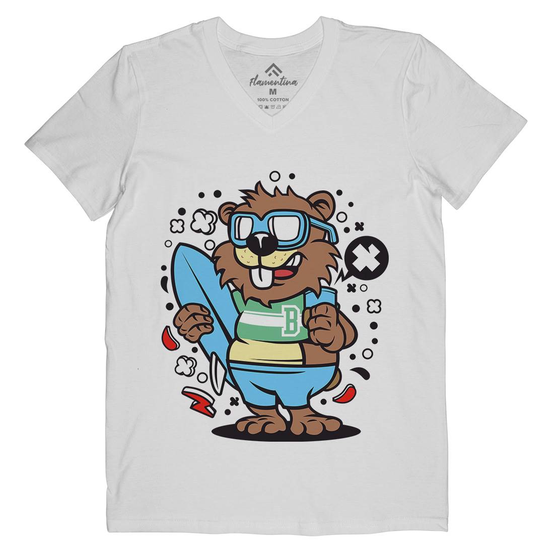 Beaver Surfing Mens Organic V-Neck T-Shirt Surf C499
