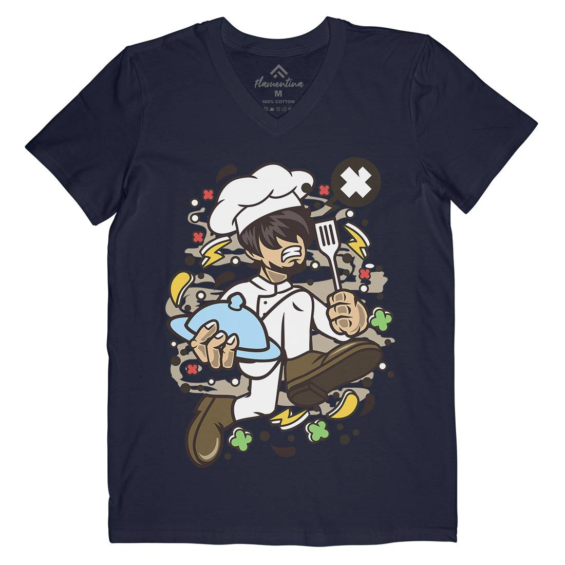 Chef Running Mens Organic V-Neck T-Shirt Work C515