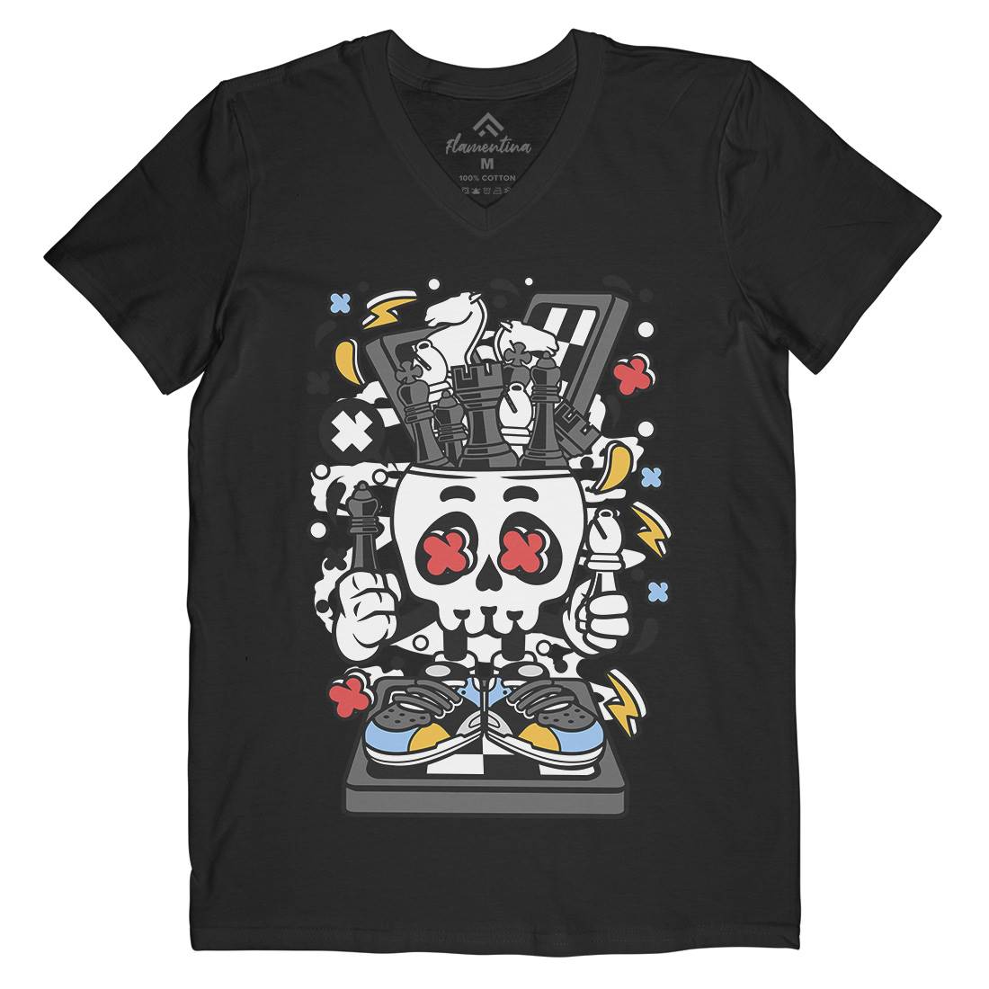 Chess Skull Head Mens Organic V-Neck T-Shirt Sport C516