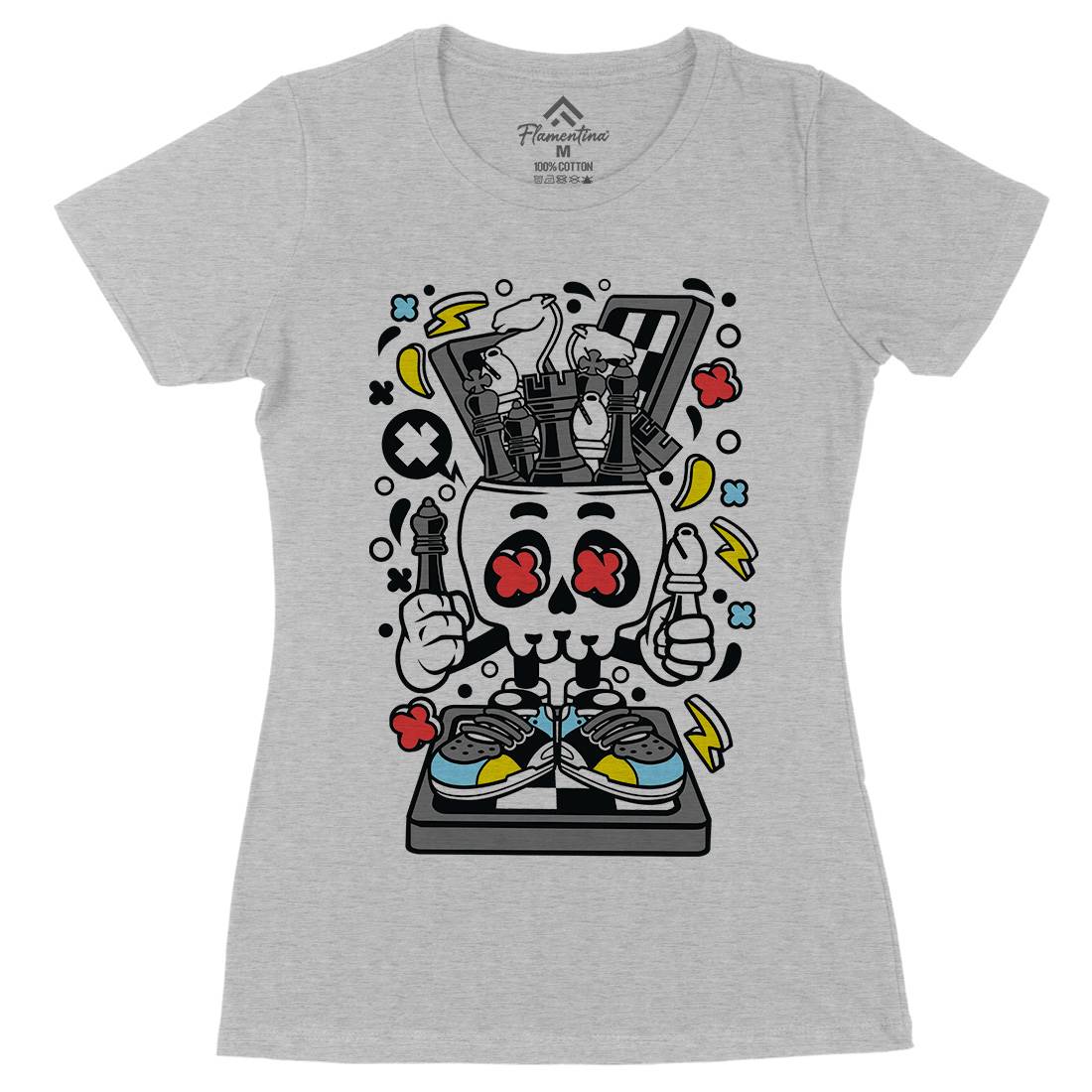 Chess Skull Head Womens Organic Crew Neck T-Shirt Sport C516