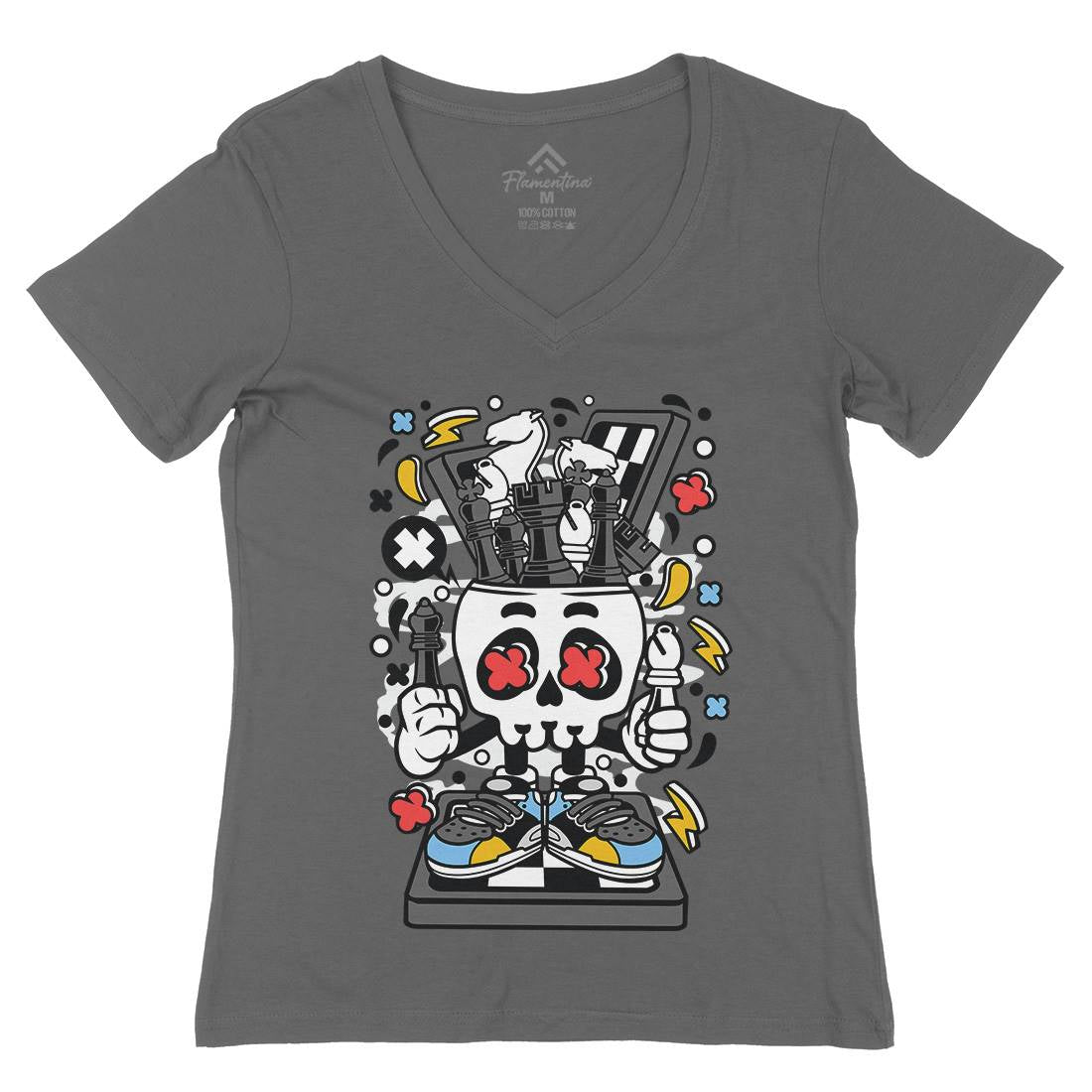Chess Skull Head Womens Organic V-Neck T-Shirt Sport C516