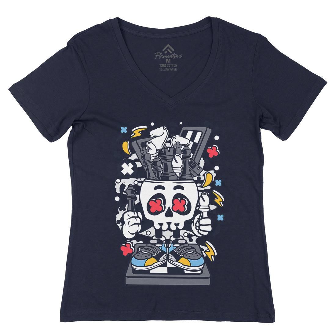Chess Skull Head Womens Organic V-Neck T-Shirt Sport C516