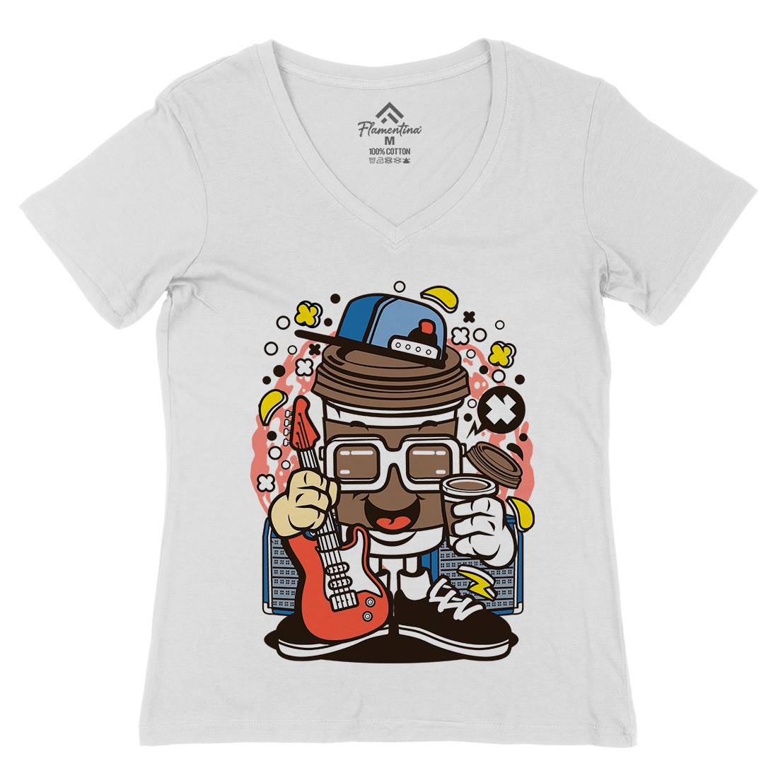 Coffee Cup Rocker Womens Organic V-Neck T-Shirt Music C523