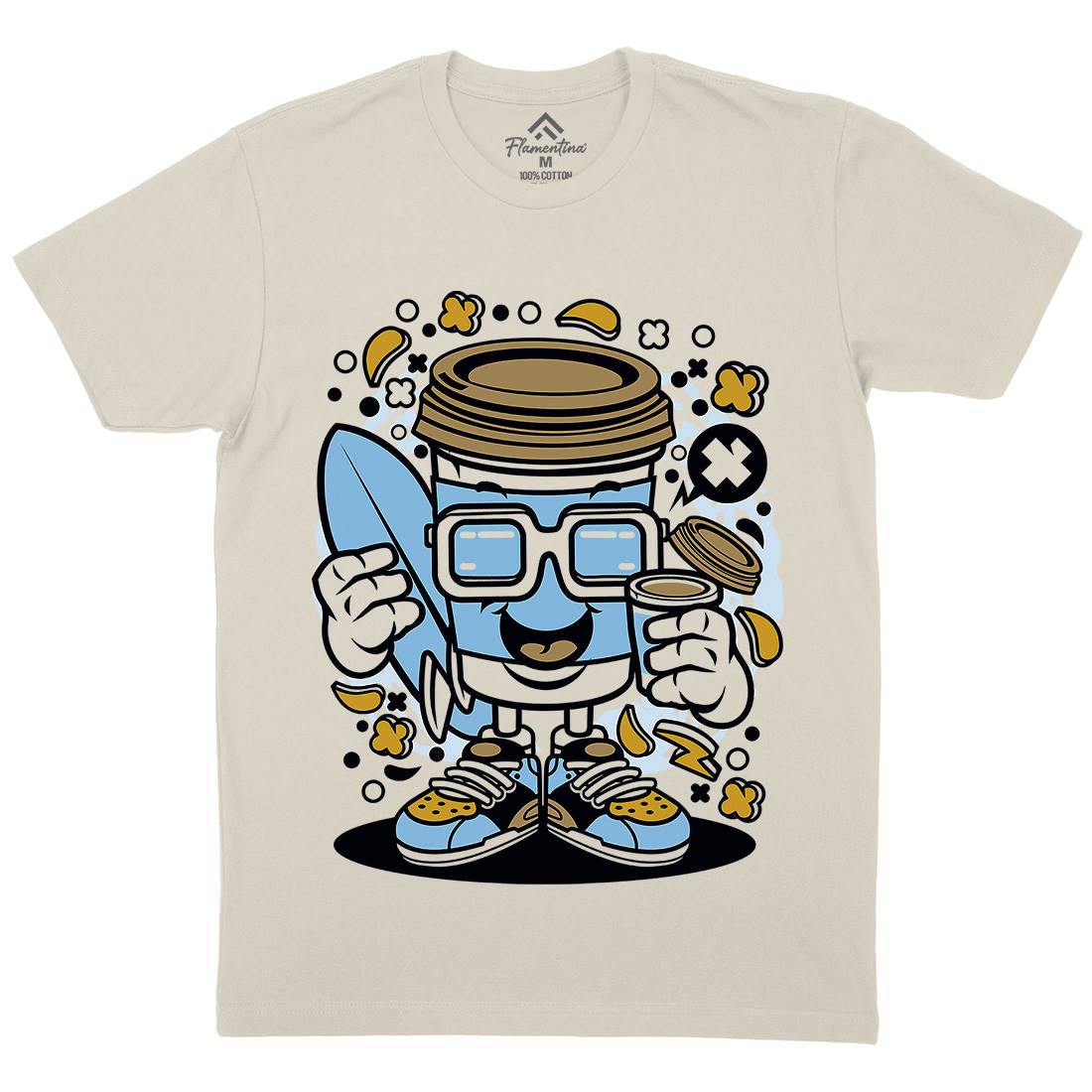 Coffee Cup Surfer Mens Organic Crew Neck T-Shirt Surf C524