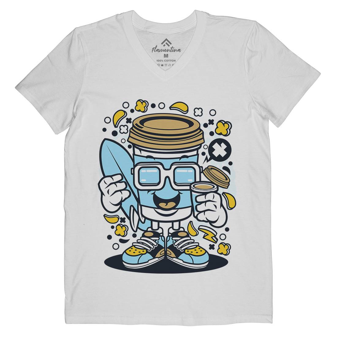 Coffee Cup Surfer Mens Organic V-Neck T-Shirt Surf C524