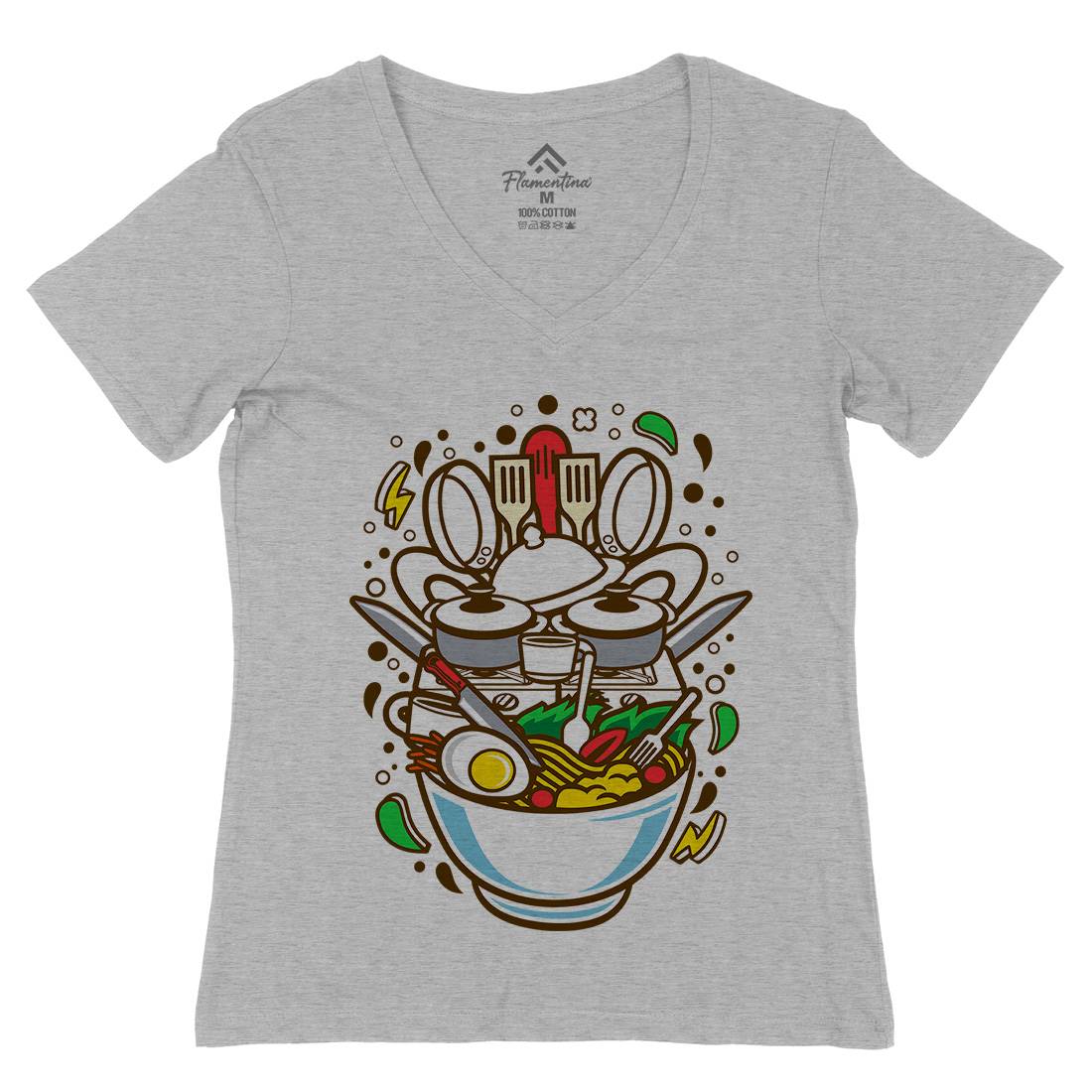 Cooking Ramen Womens Organic V-Neck T-Shirt Food C526