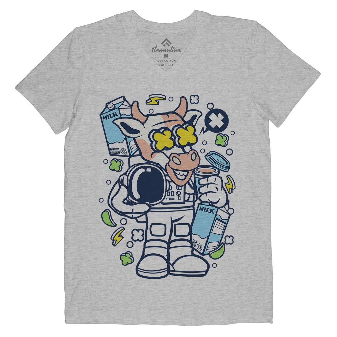 Cow Astronaut Mens Organic V-Neck T-Shirt Space C527