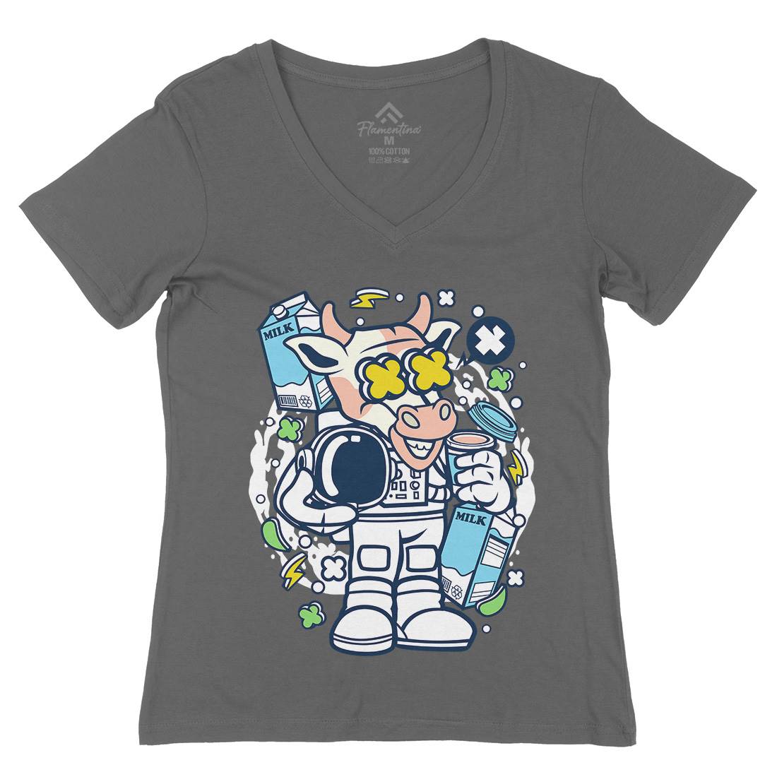 Cow Astronaut Womens Organic V-Neck T-Shirt Space C527