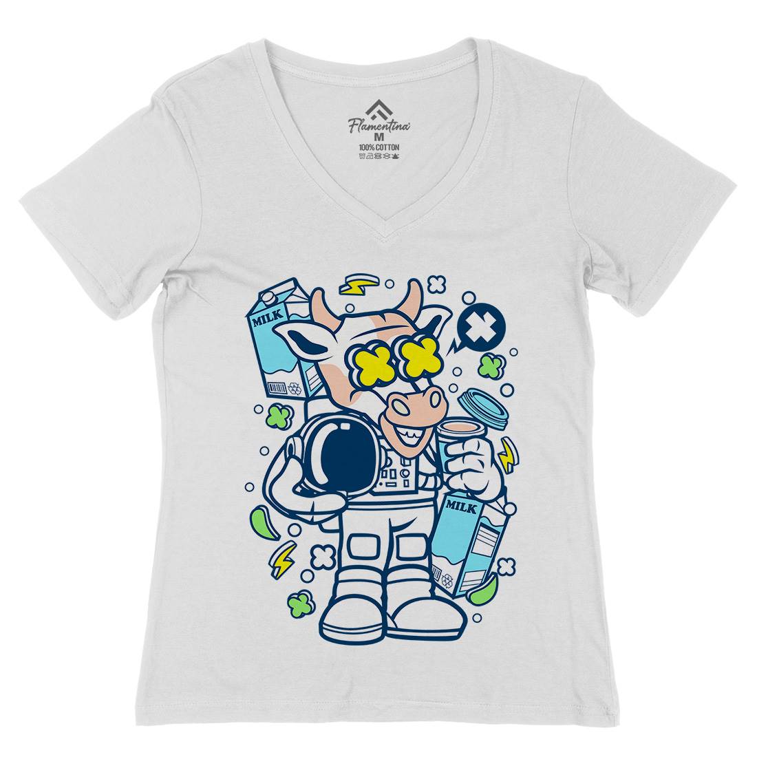 Cow Astronaut Womens Organic V-Neck T-Shirt Space C527