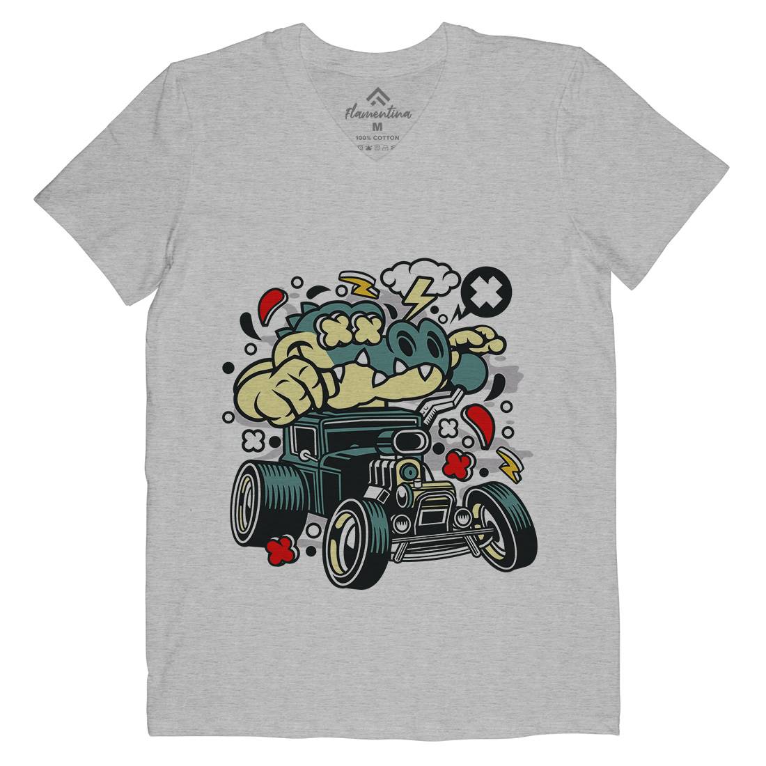 Crocodile Hotrod Mens Organic V-Neck T-Shirt Cars C532