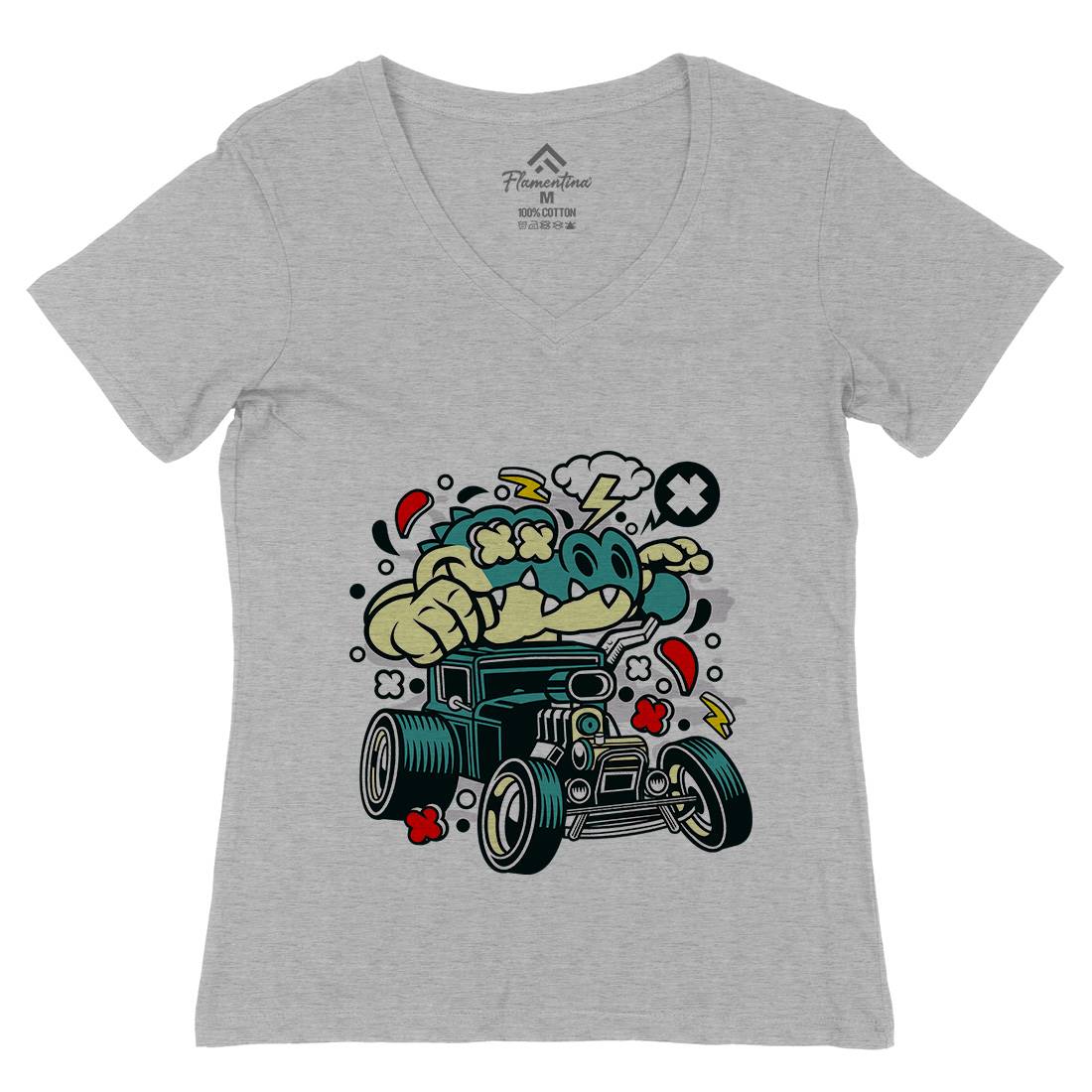 Crocodile Hotrod Womens Organic V-Neck T-Shirt Cars C532