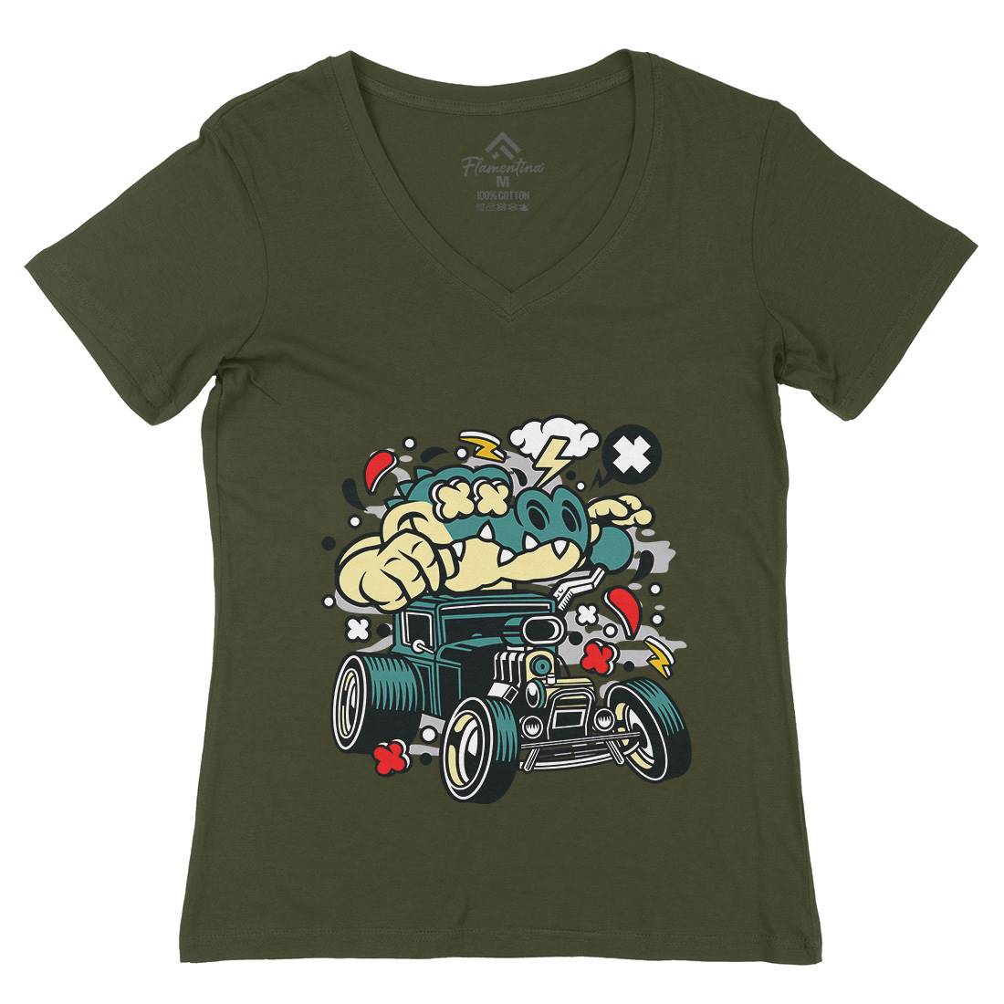 Crocodile Hotrod Womens Organic V-Neck T-Shirt Cars C532
