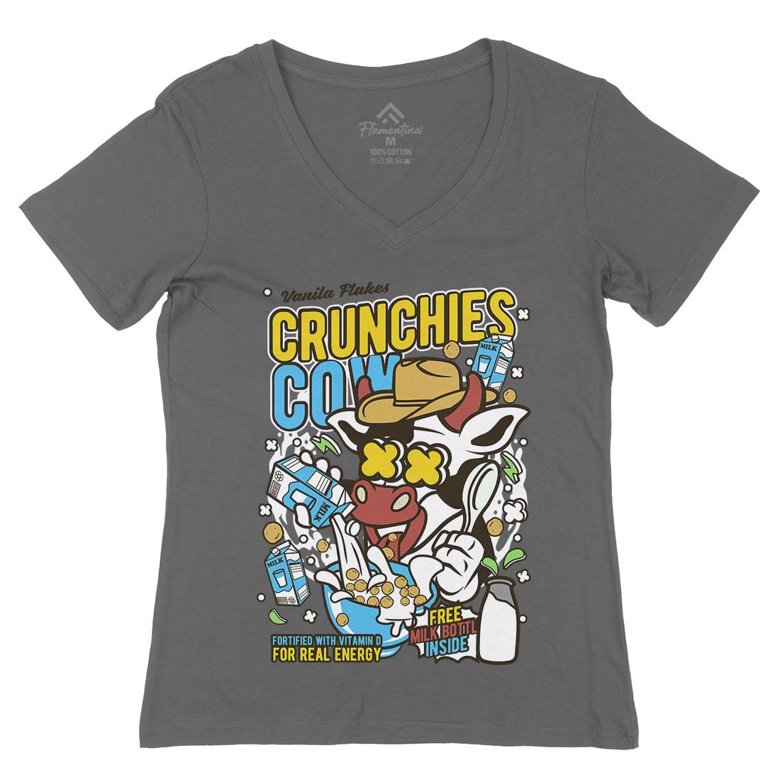 Crunchies Cow Womens Organic V-Neck T-Shirt Food C533