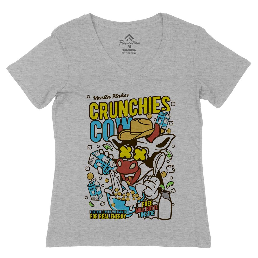 Crunchies Cow Womens Organic V-Neck T-Shirt Food C533