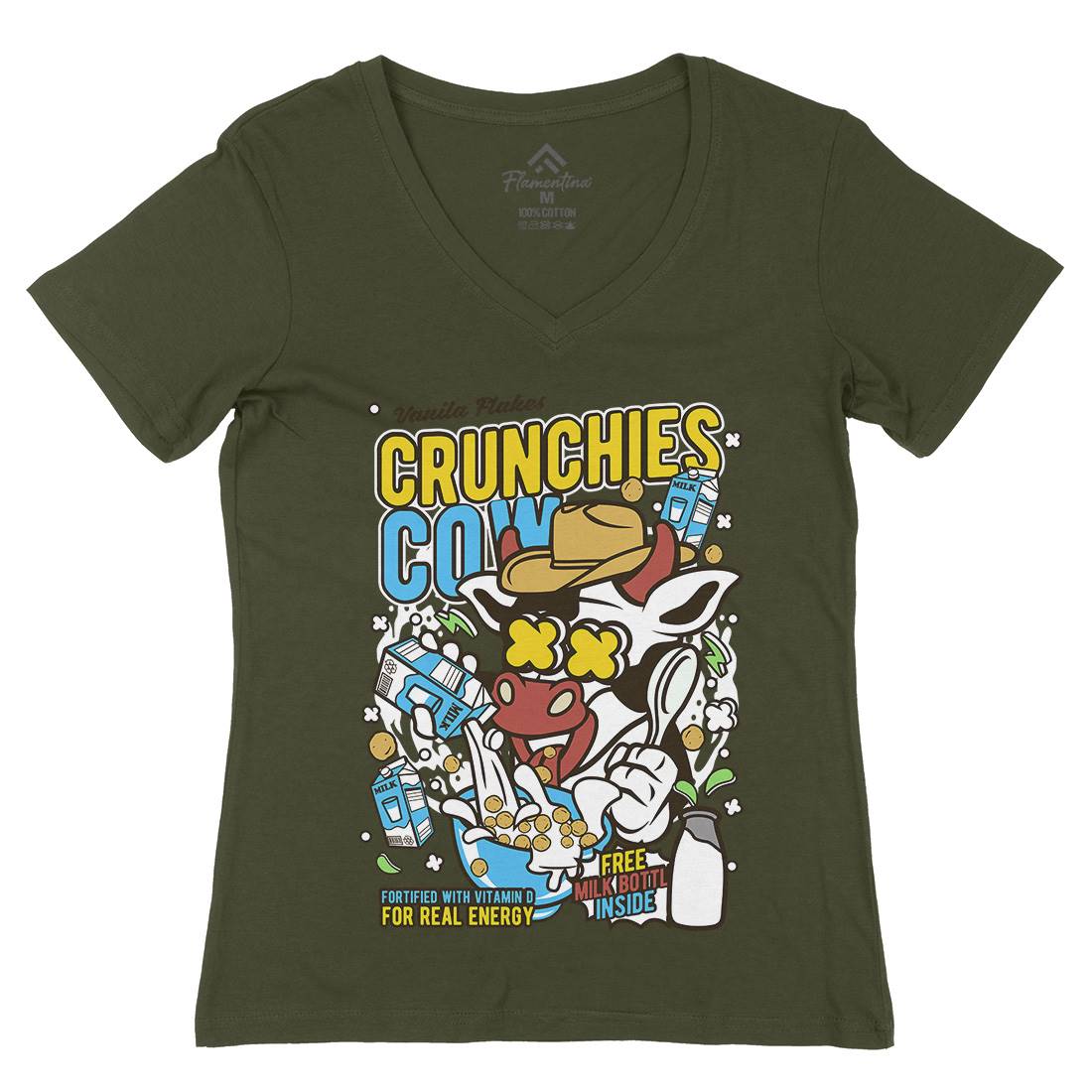 Crunchies Cow Womens Organic V-Neck T-Shirt Food C533