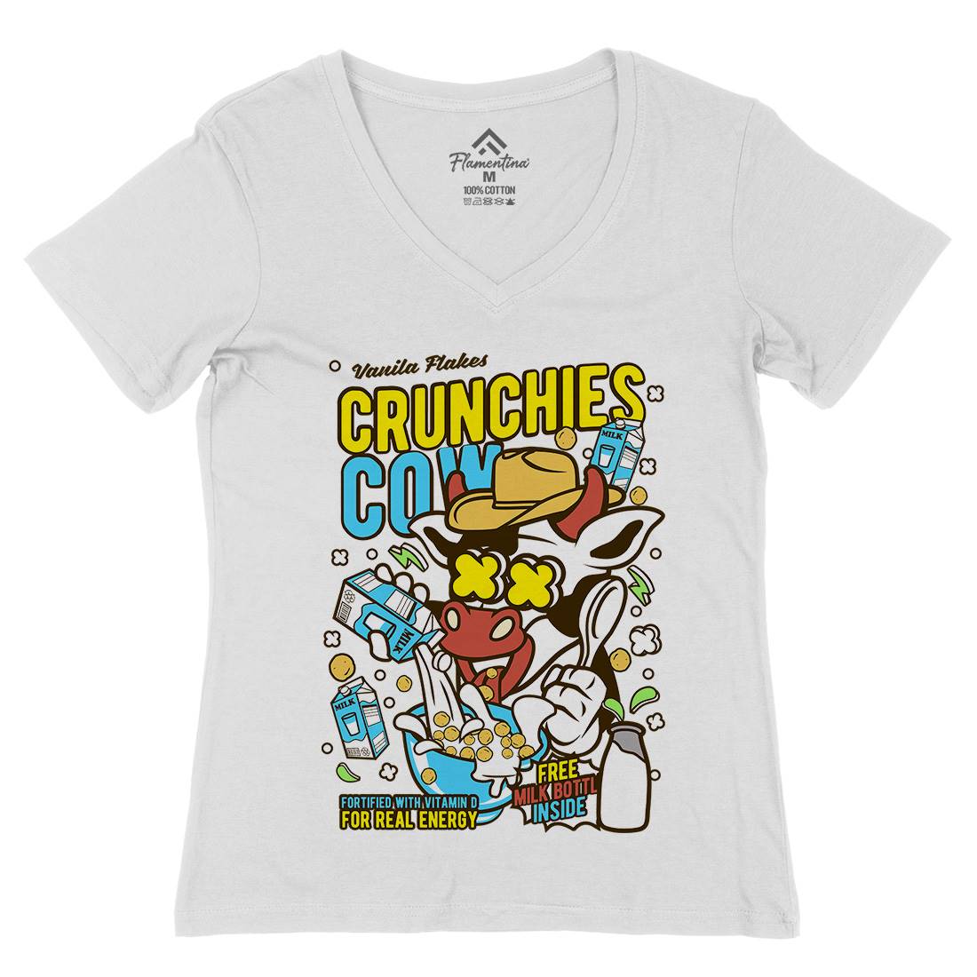 Crunchies Cow Womens Organic V-Neck T-Shirt Food C533