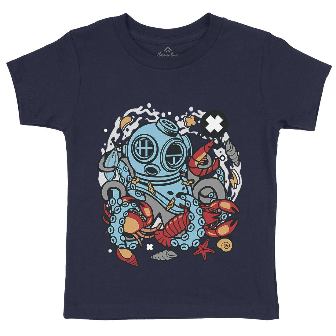Diver Octopus Kids Organic Crew Neck T-Shirt Navy C535