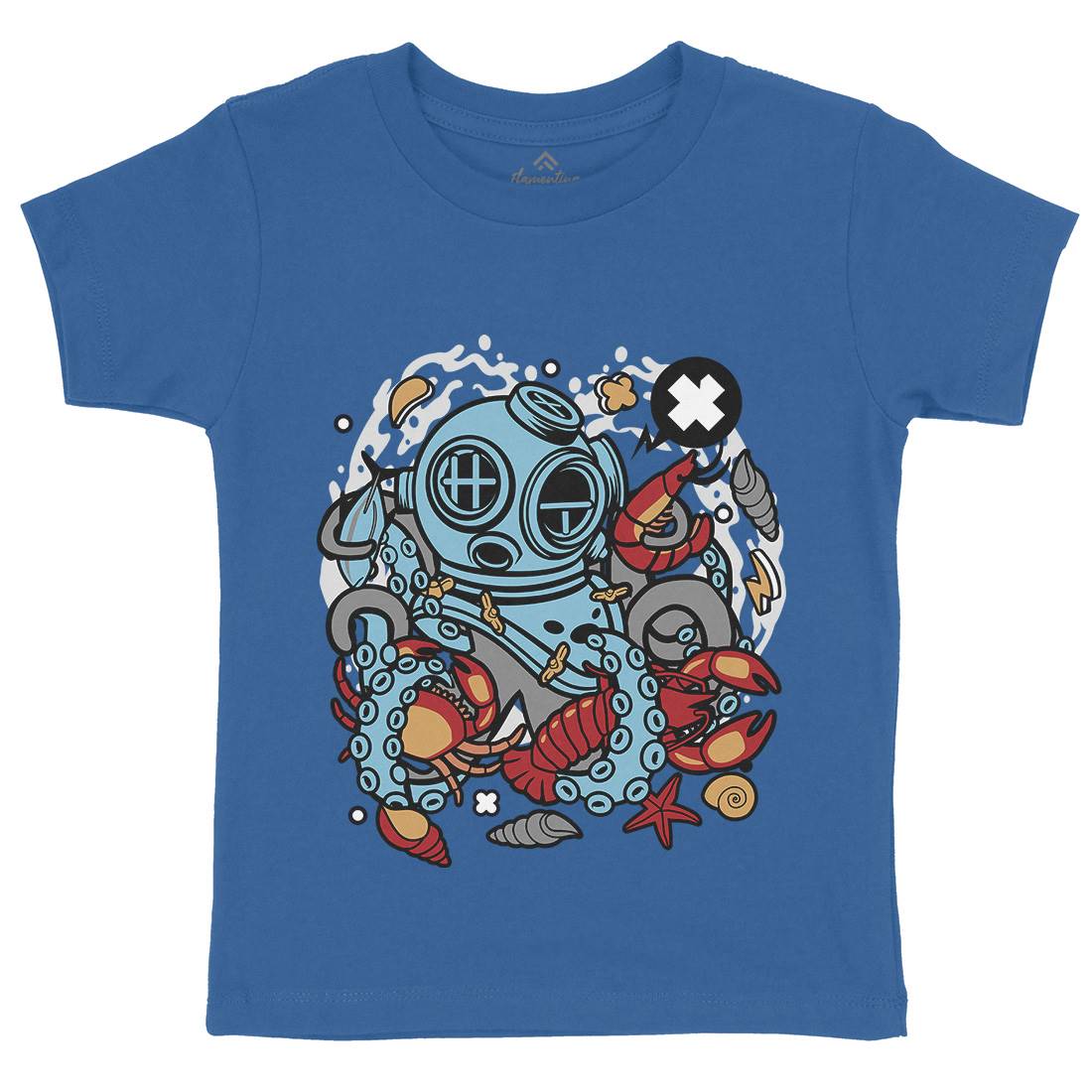 Diver Octopus Kids Crew Neck T-Shirt Navy C535