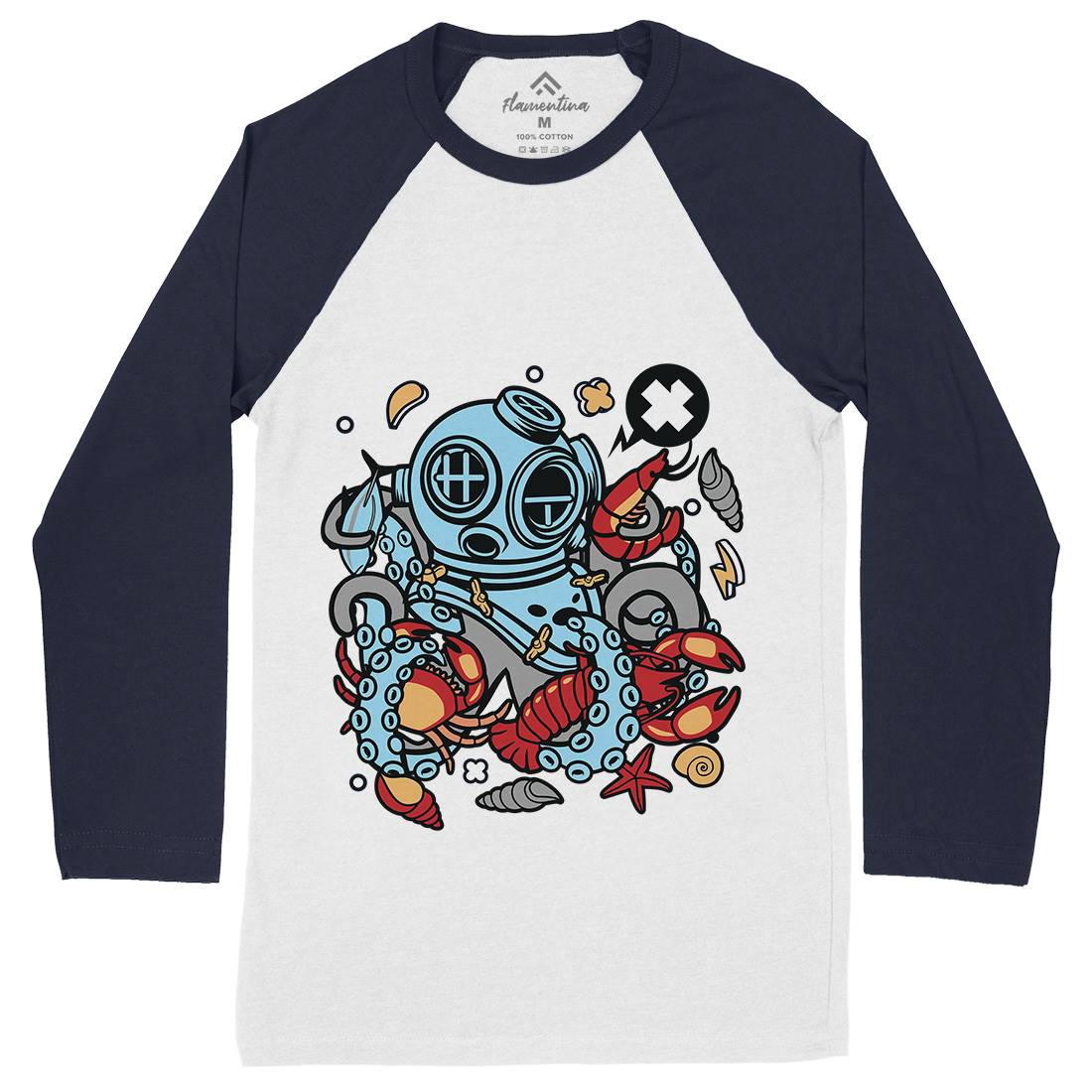 Diver Octopus Mens Long Sleeve Baseball T-Shirt Navy C535