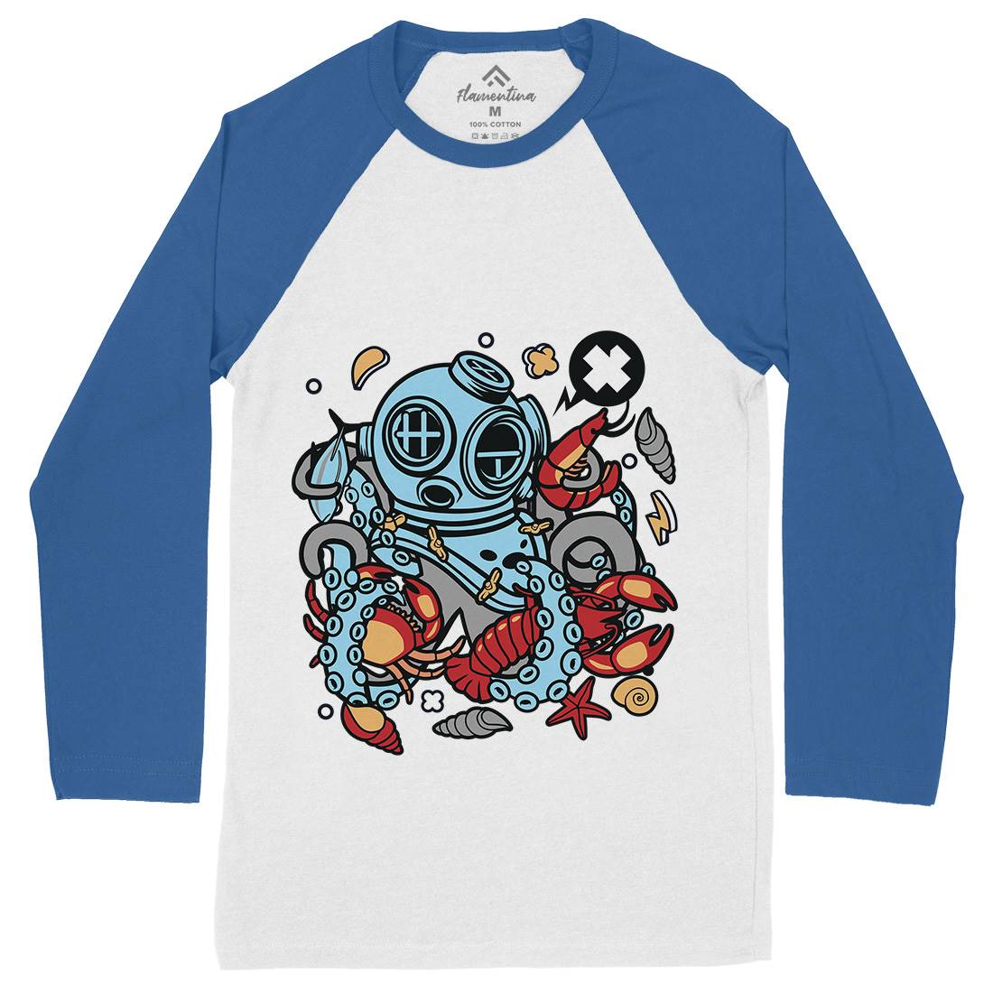 Diver Octopus Mens Long Sleeve Baseball T-Shirt Navy C535