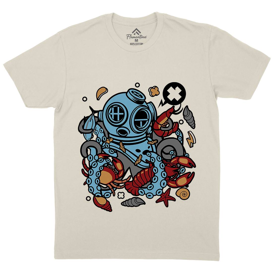 Diver Octopus Mens Organic Crew Neck T-Shirt Navy C535