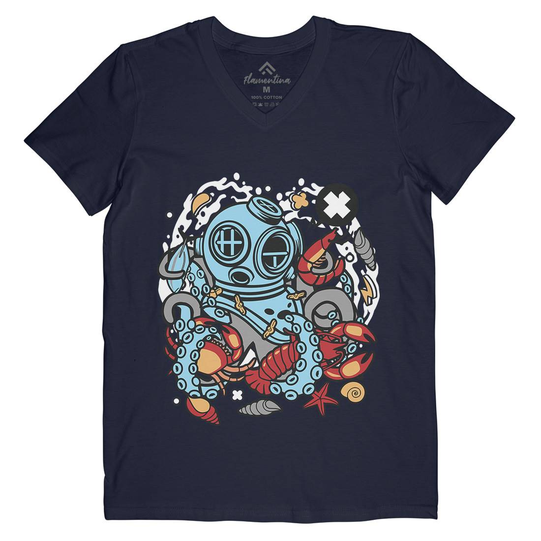 Diver Octopus Mens Organic V-Neck T-Shirt Navy C535