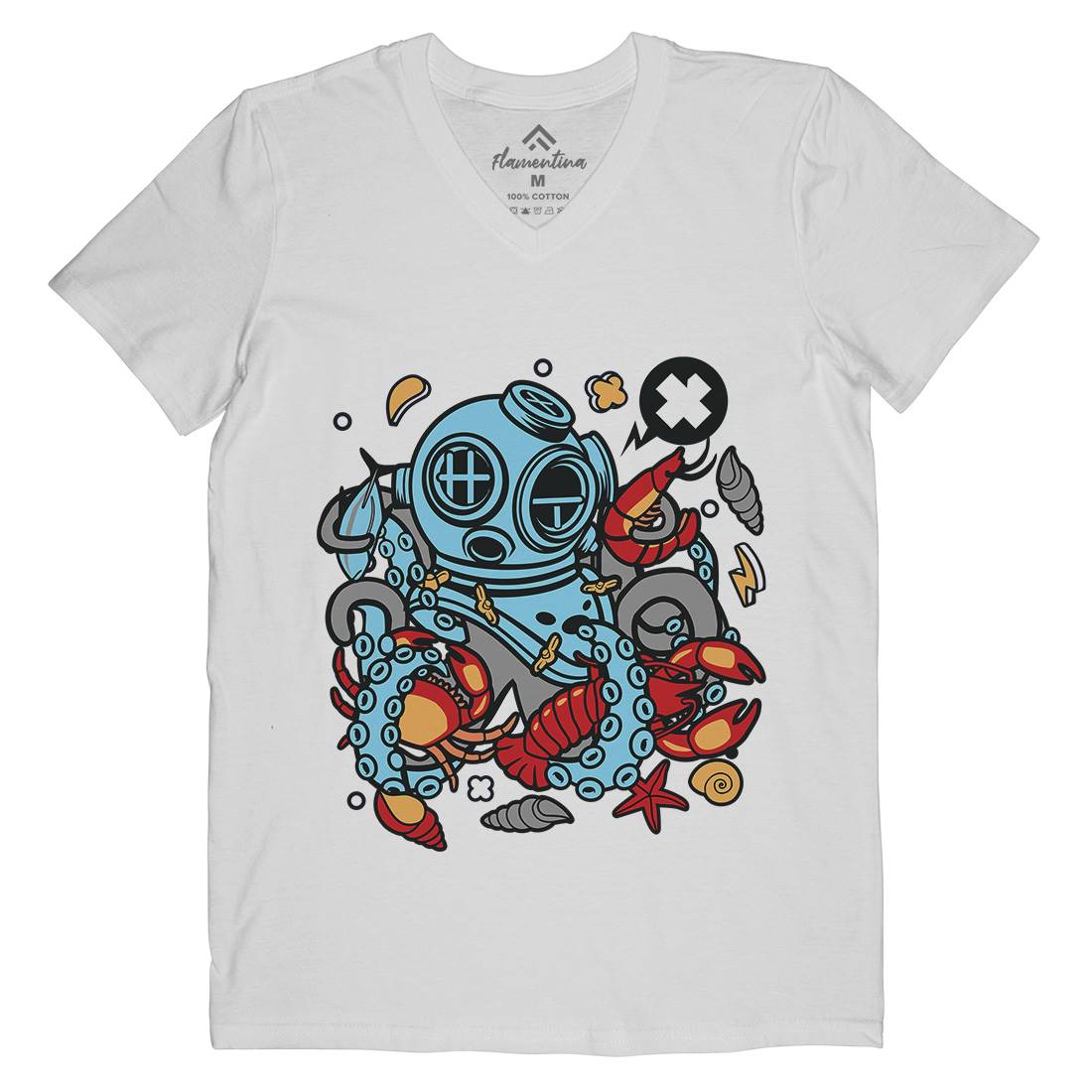 Diver Octopus Mens Organic V-Neck T-Shirt Navy C535