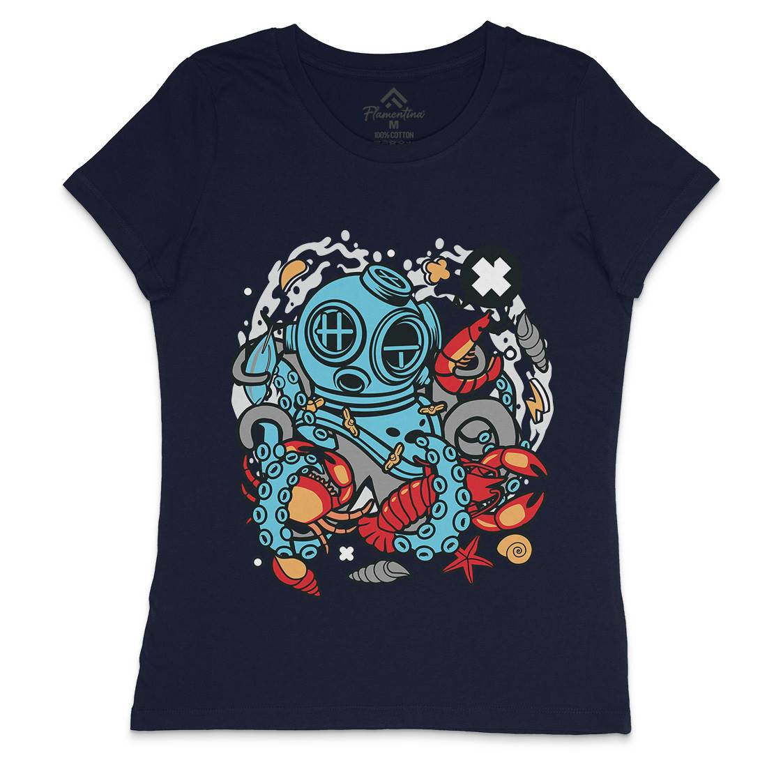 Diver Octopus Womens Crew Neck T-Shirt Navy C535