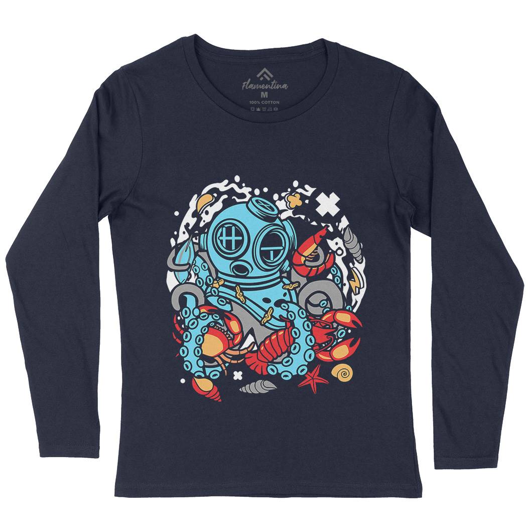 Diver Octopus Womens Long Sleeve T-Shirt Navy C535