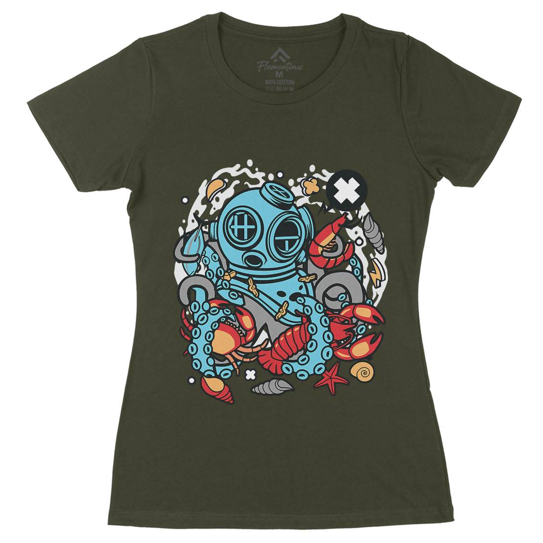 Diver Octopus Womens Organic Crew Neck T-Shirt Navy C535