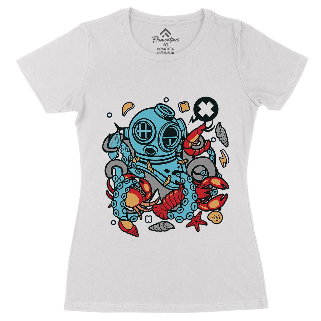 Diver Octopus Womens Organic Crew Neck T-Shirt Navy C535
