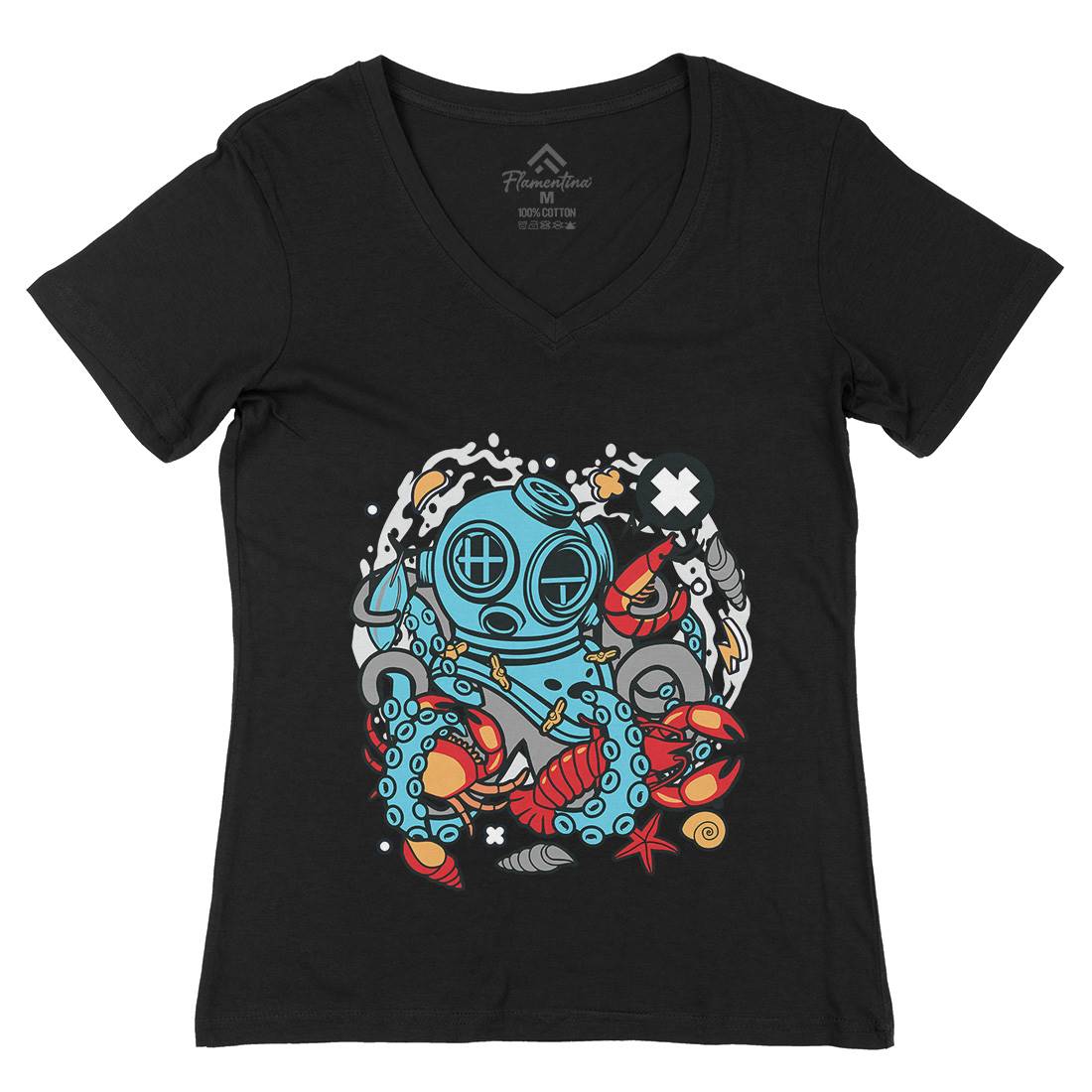 Diver Octopus Womens Organic V-Neck T-Shirt Navy C535