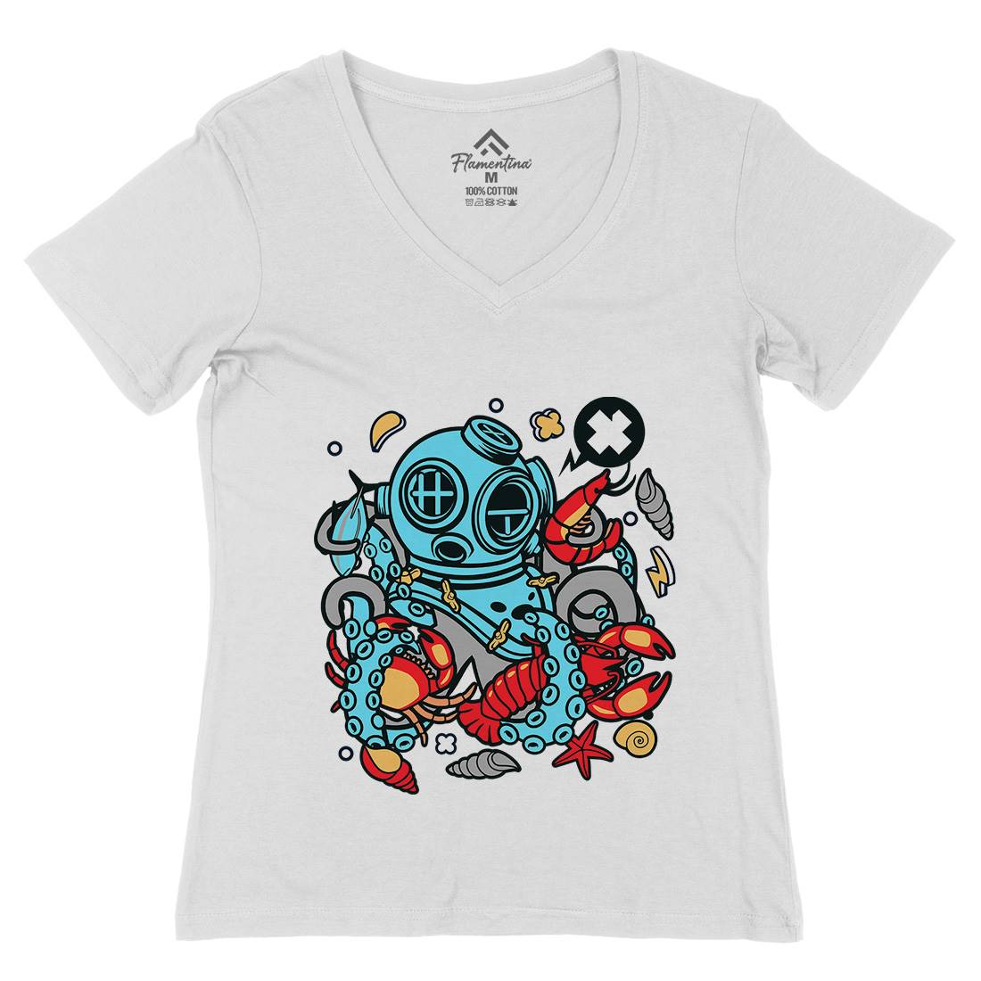 Diver Octopus Womens Organic V-Neck T-Shirt Navy C535