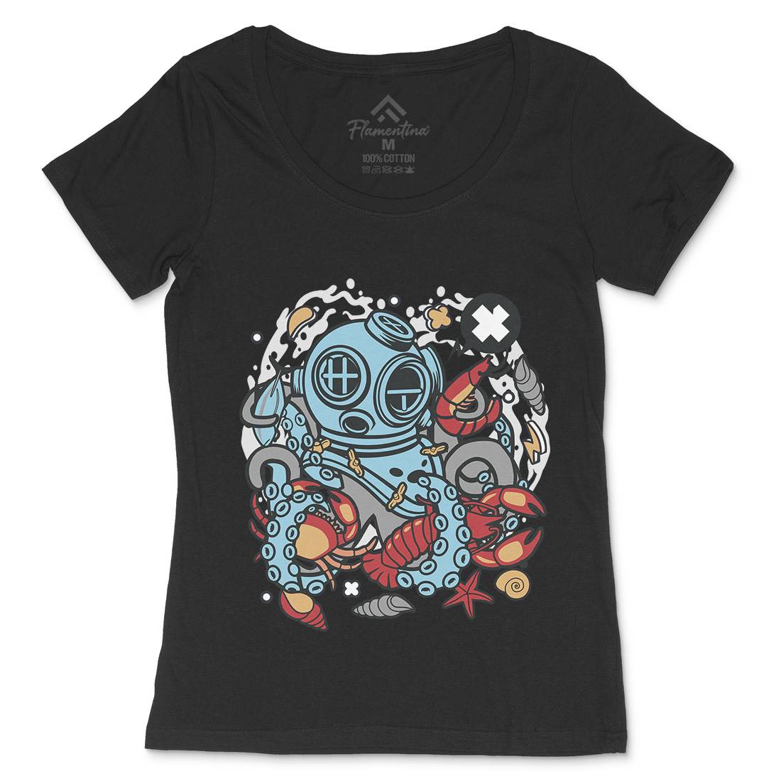 Diver Octopus Womens Scoop Neck T-Shirt Navy C535