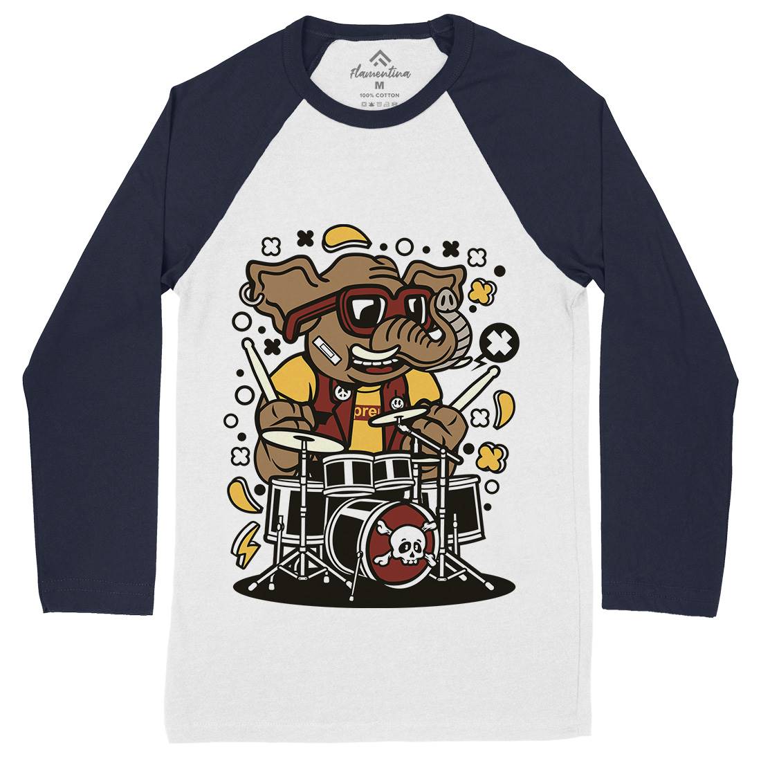 Elephant Drummer Mens Long Sleeve Baseball T-Shirt Music C543