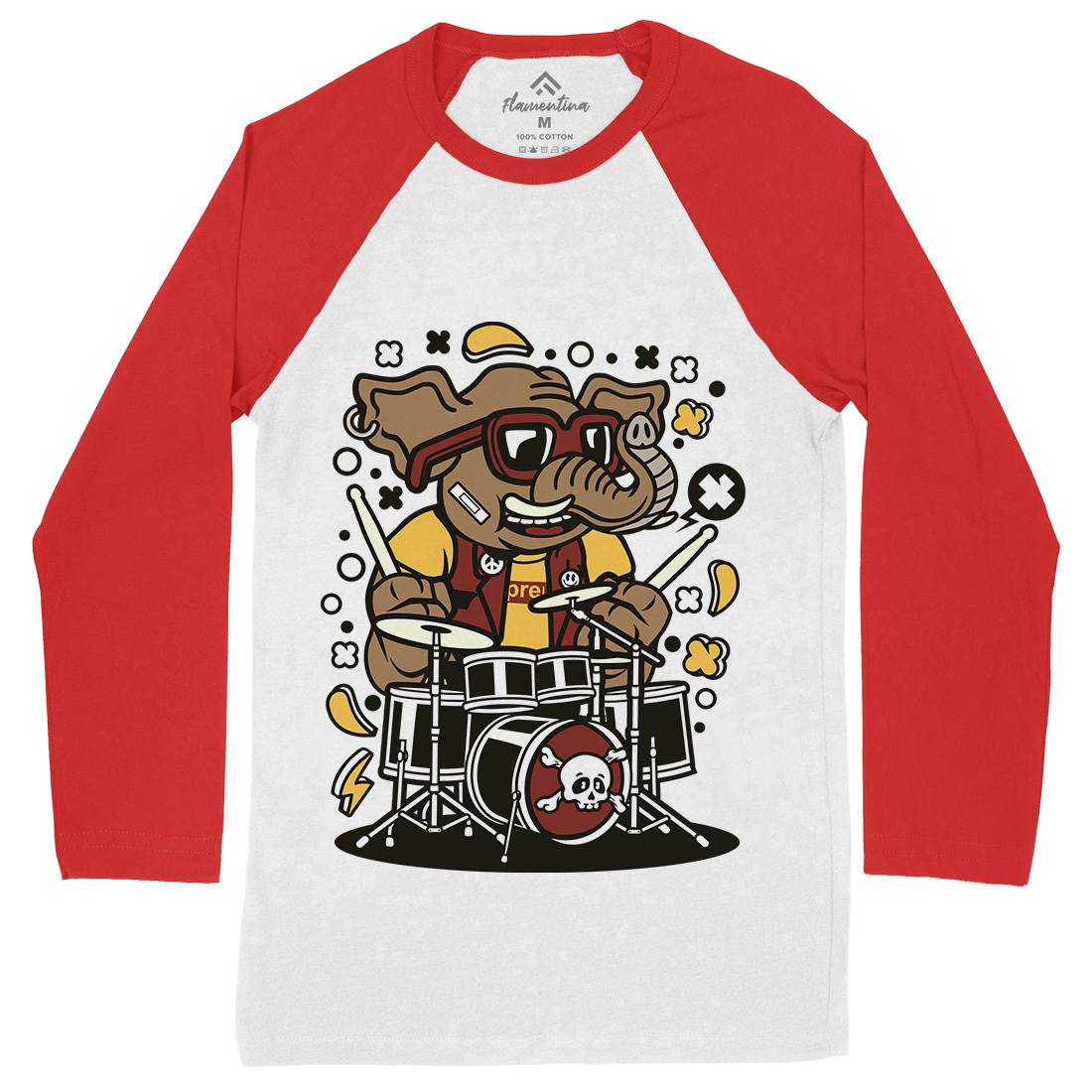 Elephant Drummer Mens Long Sleeve Baseball T-Shirt Music C543
