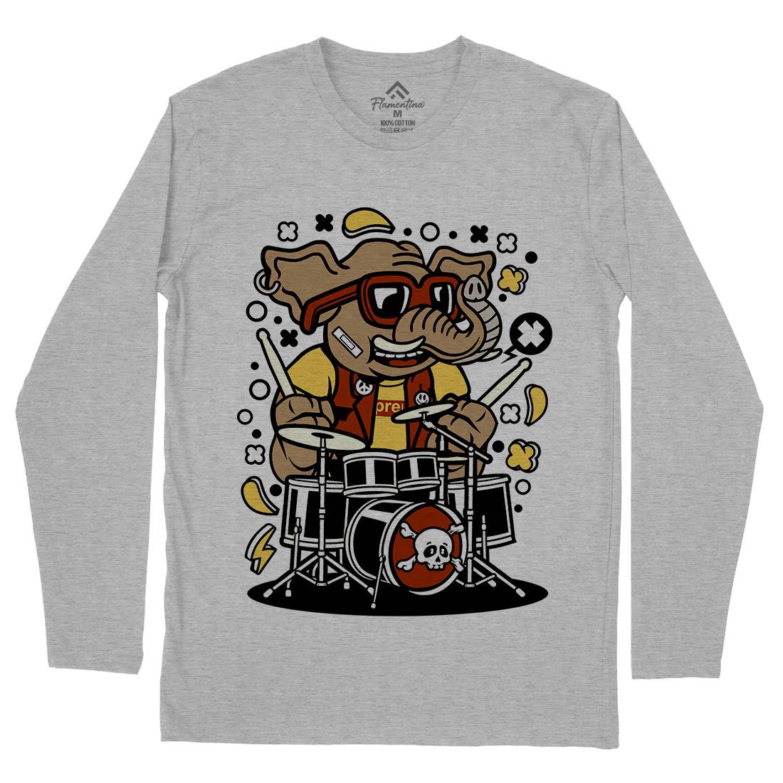 Elephant Drummer Mens Long Sleeve T-Shirt Music C543