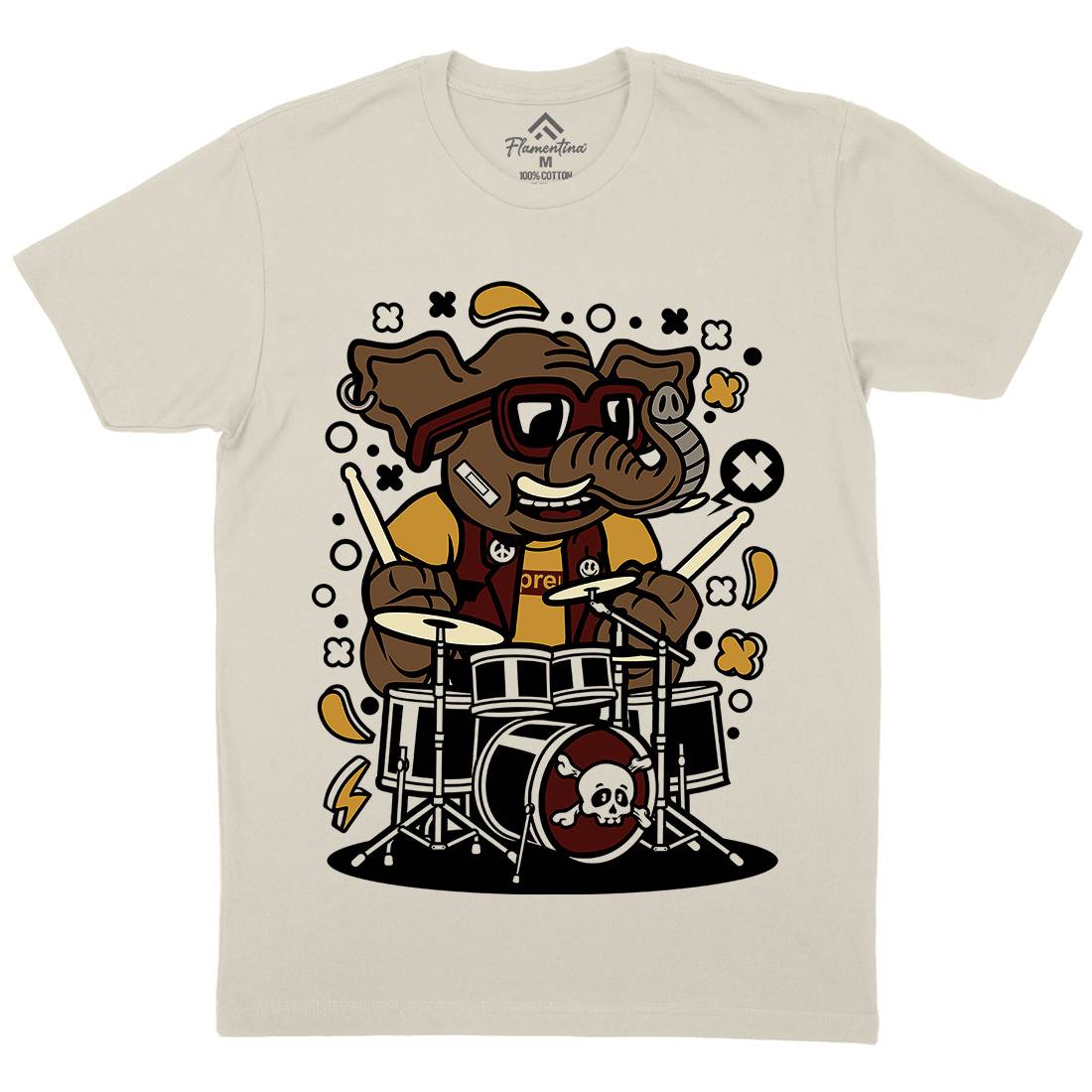 Elephant Drummer Mens Organic Crew Neck T-Shirt Music C543