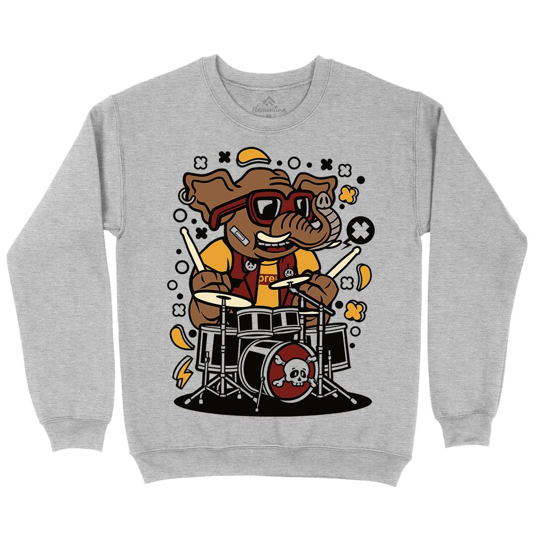 Elephant Drummer Kids Crew Neck Sweatshirt Music C543