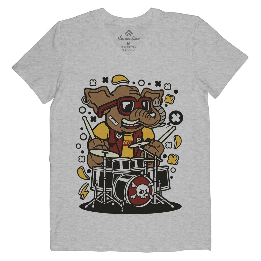 Elephant Drummer Mens Organic V-Neck T-Shirt Music C543