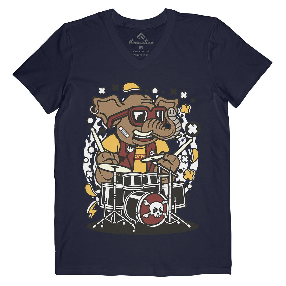 Elephant Drummer Mens Organic V-Neck T-Shirt Music C543