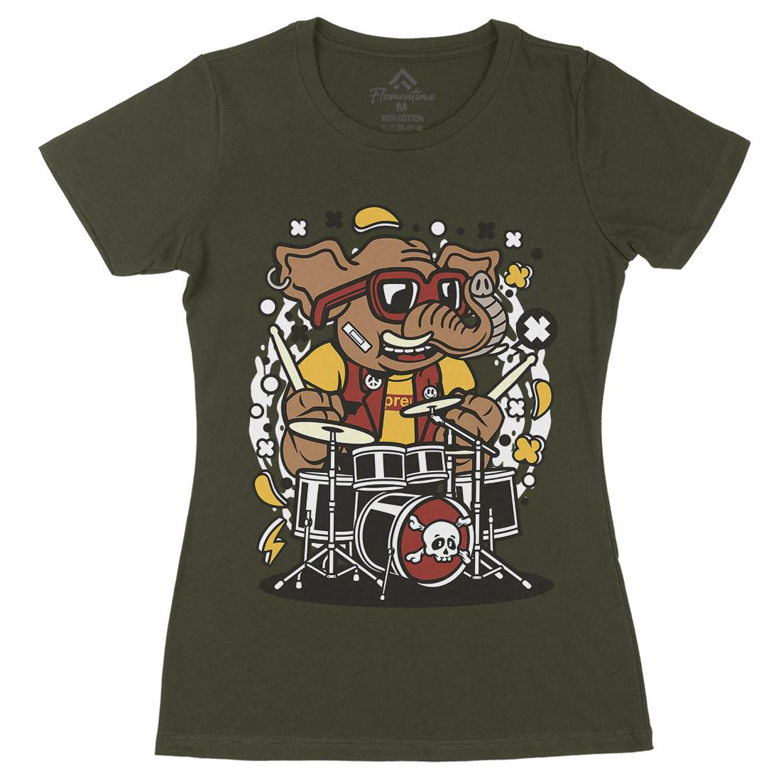 Elephant Drummer Womens Organic Crew Neck T-Shirt Music C543