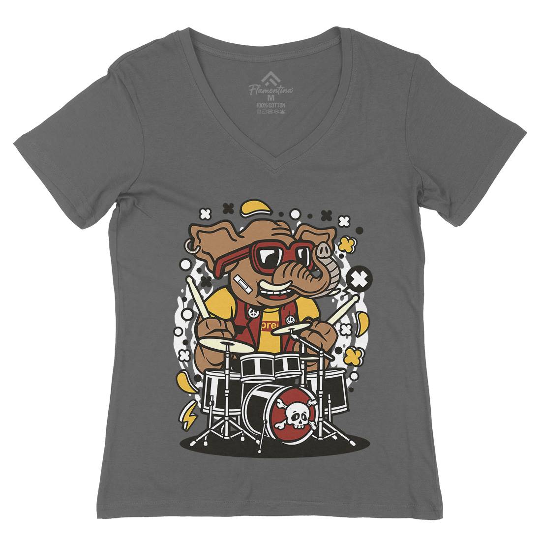 Elephant Drummer Womens Organic V-Neck T-Shirt Music C543