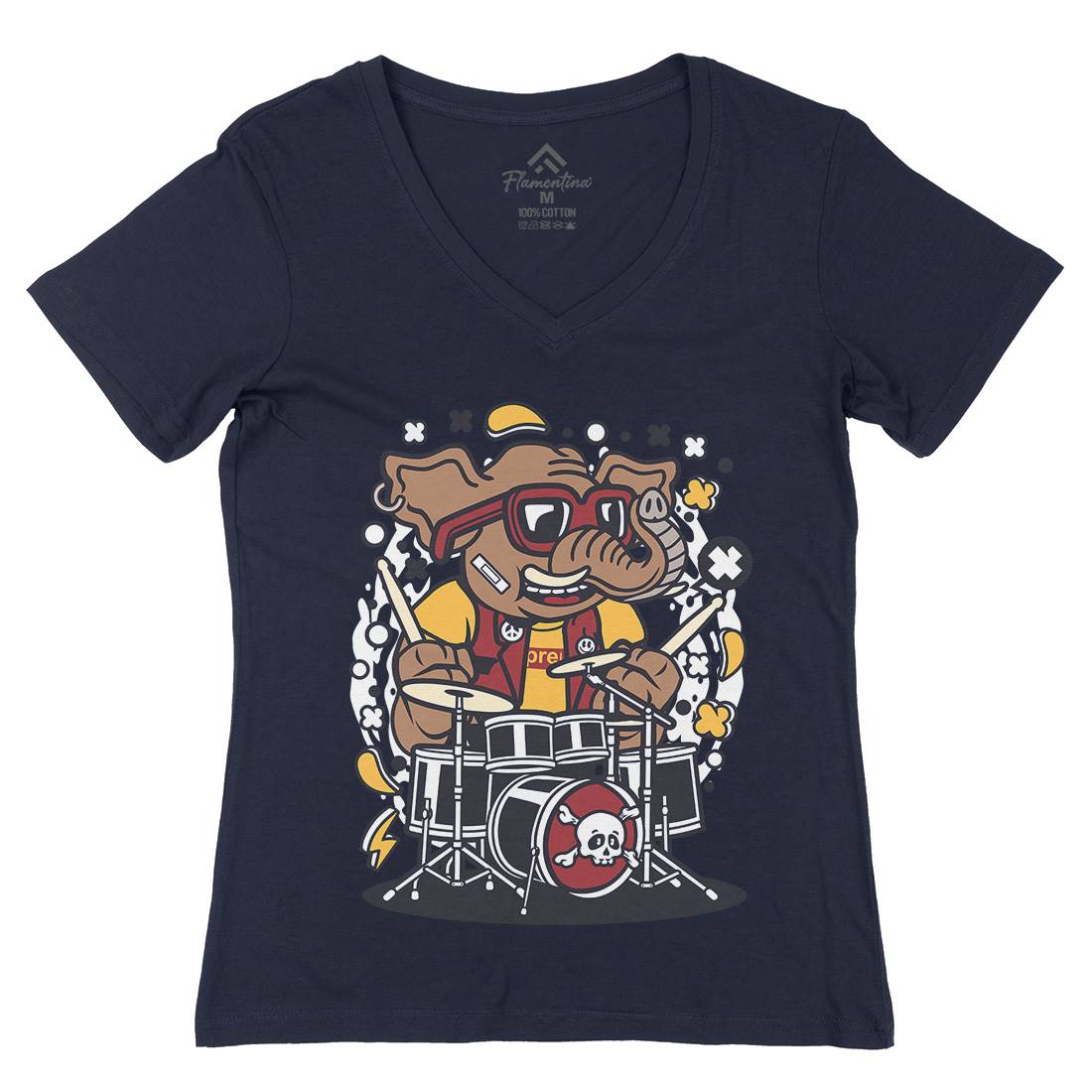 Elephant Drummer Womens Organic V-Neck T-Shirt Music C543